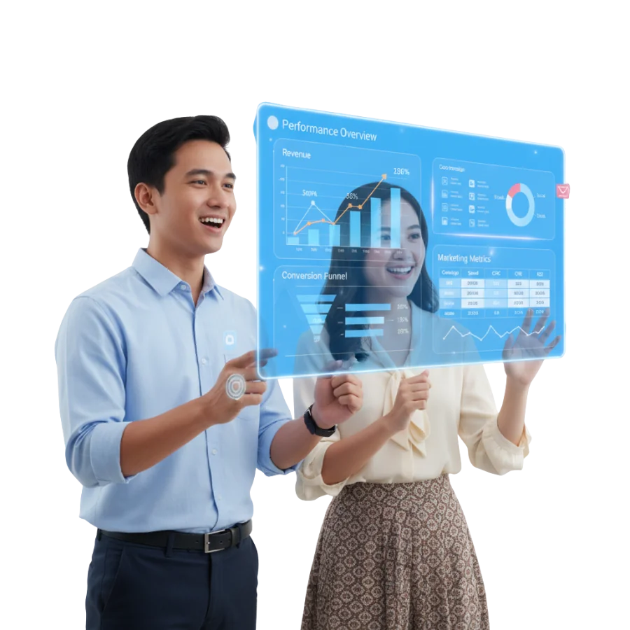 Dashboard analytics dengan grafik performa, conversion funnel, dan tabel metrics marketing