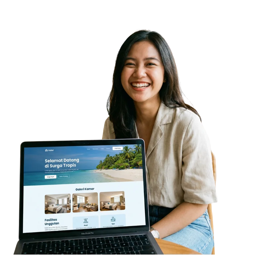 Screenshot landing page hotel dengan hero image yang menarik, galeri kamar, dan section fasilitas